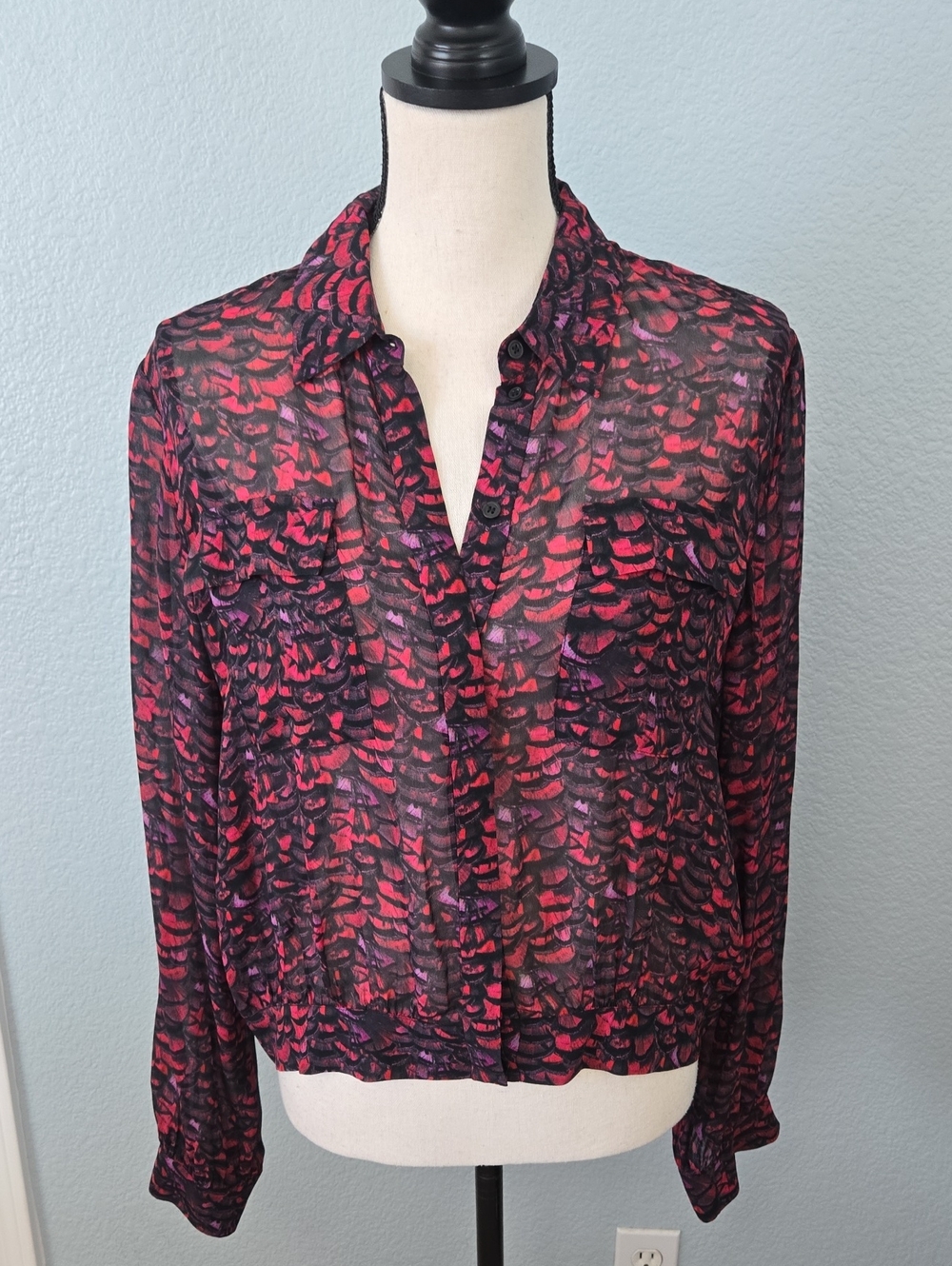All Saints Adeliza Plume Blouse Jewel Tone Semi Sheer Feather Printed Sz Medium - Picture 3 of 16